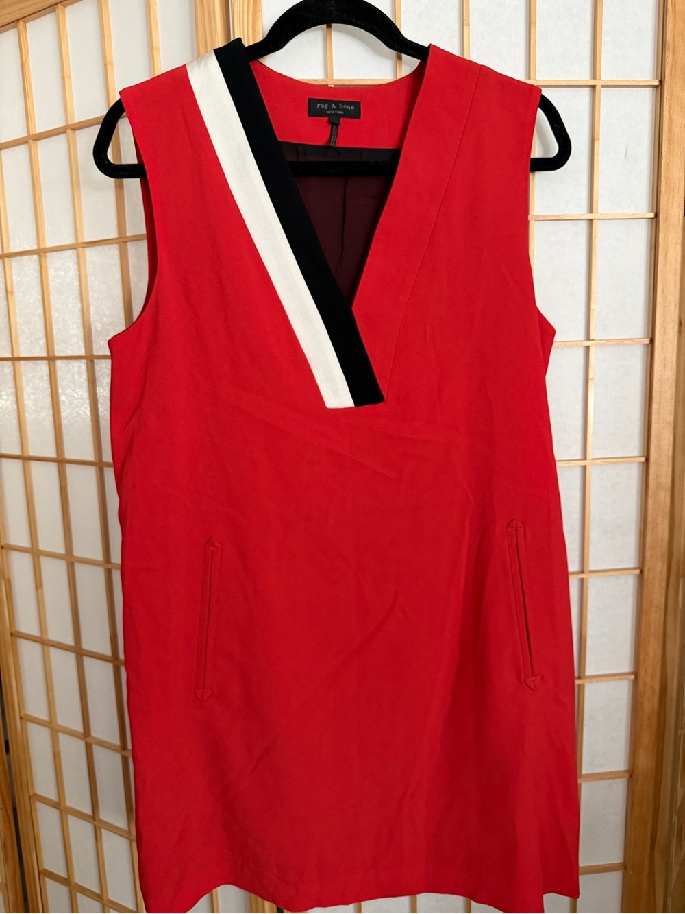 Rag & Bone Red Sleeveless V-Neck Shift Dress with Contrast Trim
